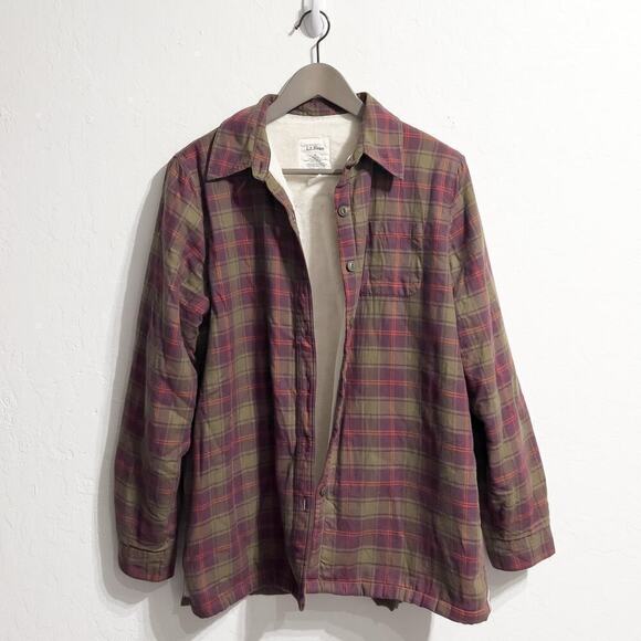LL Bean Shirt Womens Small Flannel Button Plaid Fur Lined Sherpa Fuzzy Plum - Picture 1 of 5